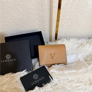 Versace Beige Leather Card Holder with Gold Accent
